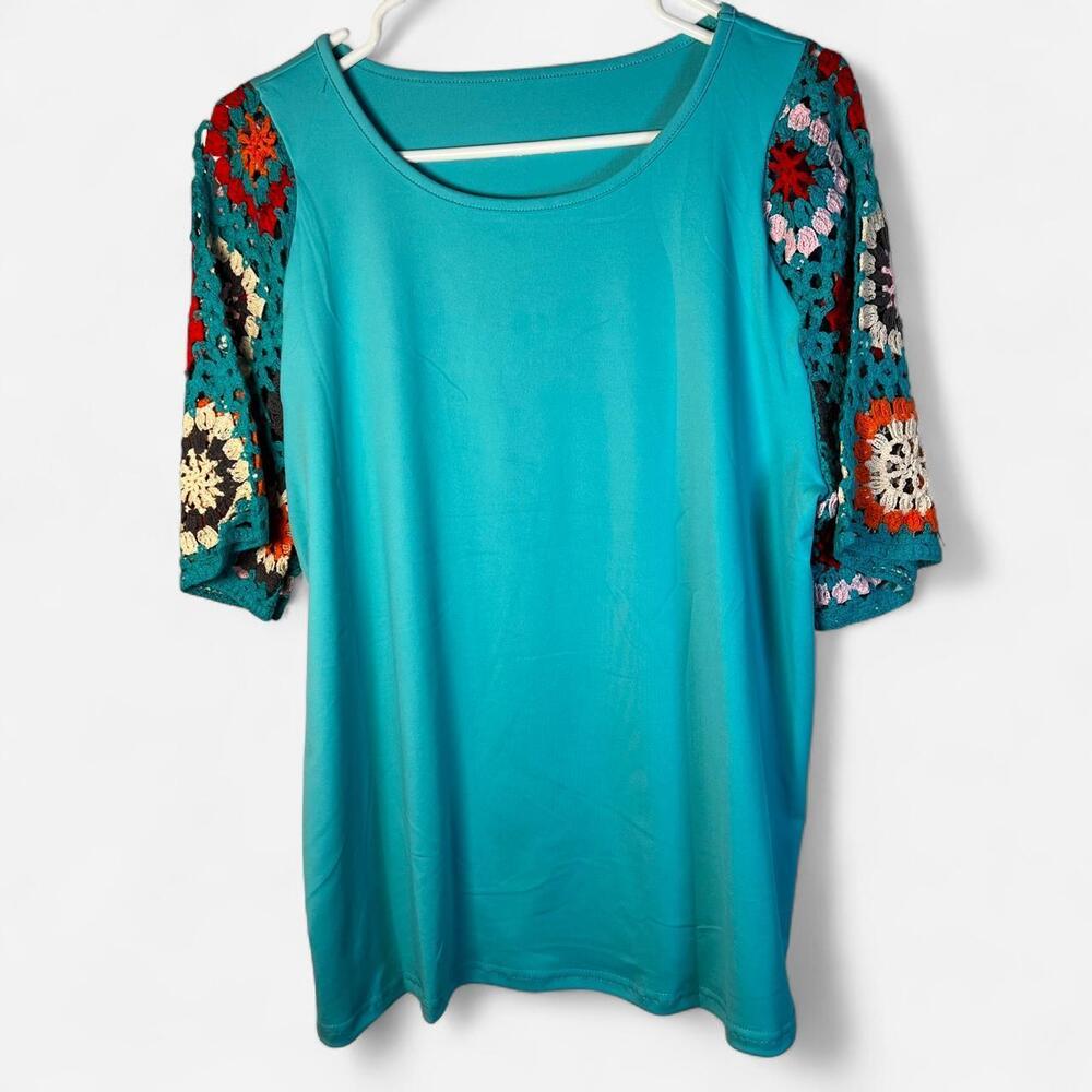 Women's Turquoise Crochet Sleeve Top Floral Embroidered - Size Large